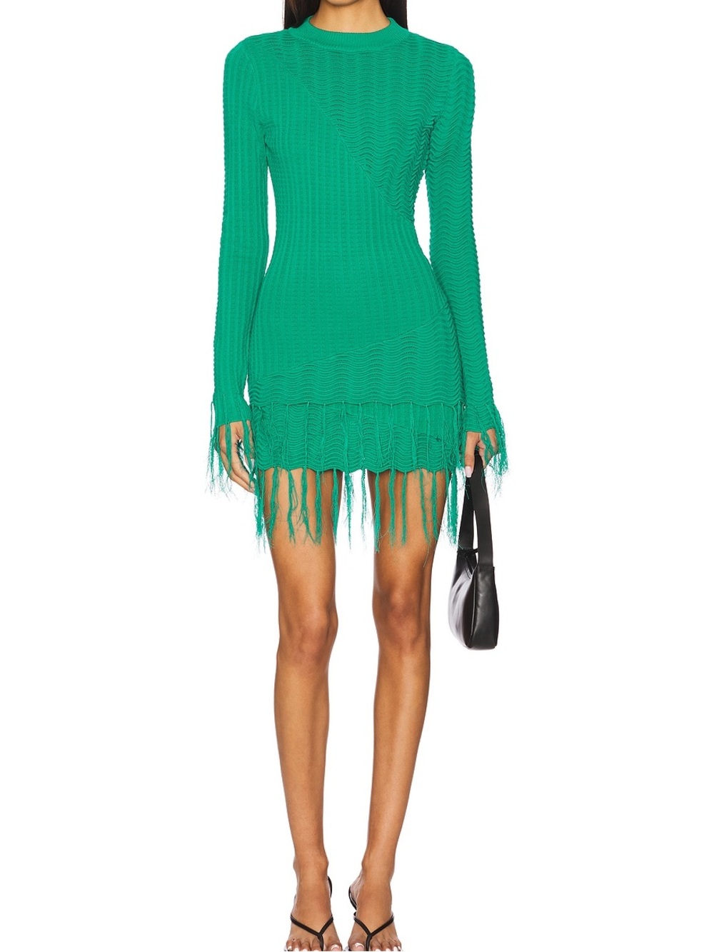 YLLW Freya Fringe Set XS Emerald Green Knit Feather Trim Matching Skirt Set Y2K
